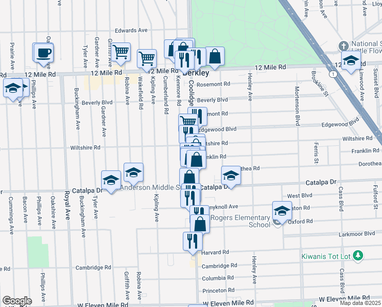 map of restaurants, bars, coffee shops, grocery stores, and more near 2823 Coolidge Hwy in Berkley