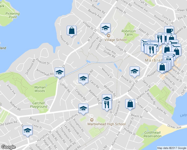 map of restaurants, bars, coffee shops, grocery stores, and more near 35 Mohawk Road in Marblehead