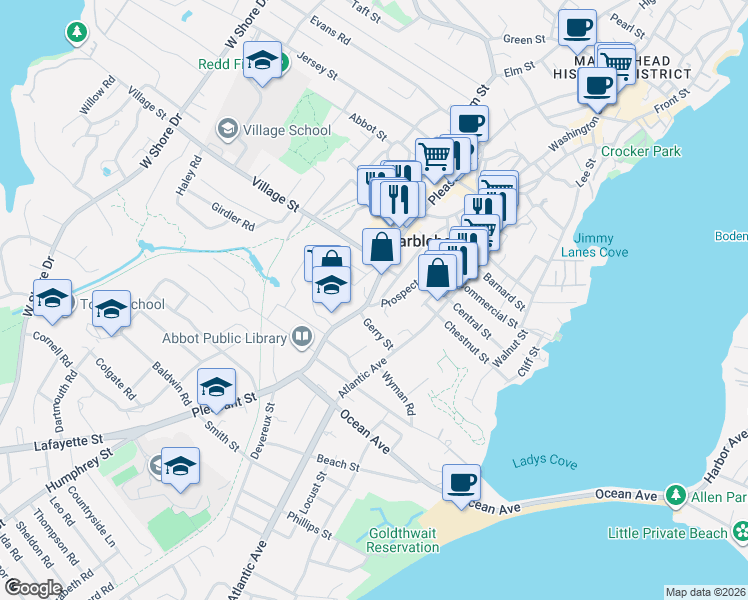 map of restaurants, bars, coffee shops, grocery stores, and more near 210 Pleasant Street in Marblehead