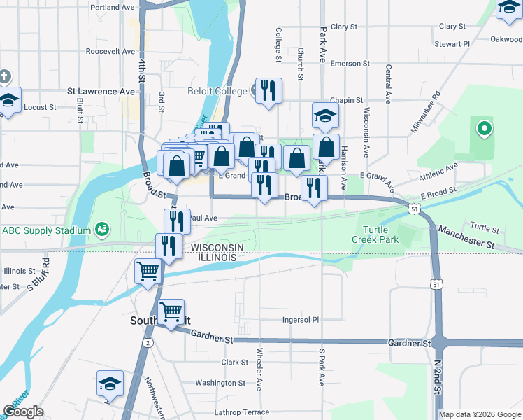 map of restaurants, bars, coffee shops, grocery stores, and more near 209 Prospect Street in Beloit