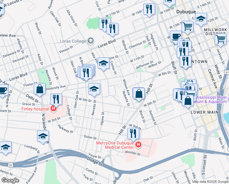map of restaurants, bars, coffee shops, grocery stores, and more near 689 Harvard St in Dubuque
