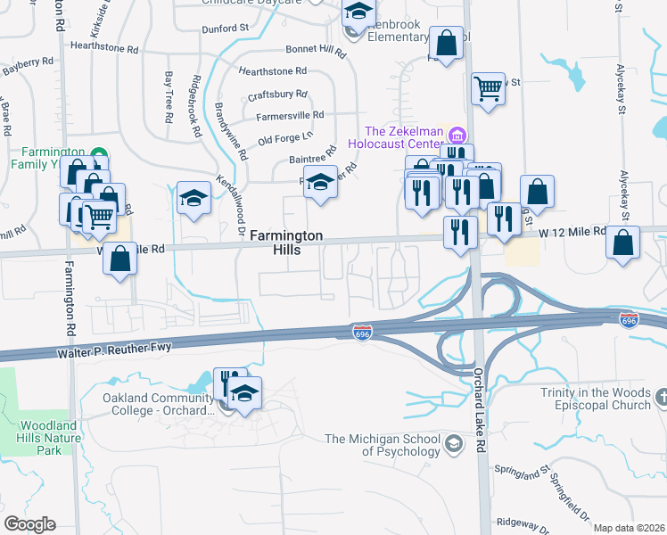 map of restaurants, bars, coffee shops, grocery stores, and more near 32139 West 12 Mile Road in Farmington Hills