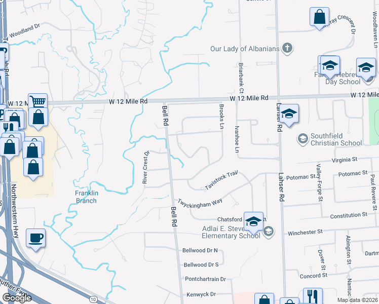 map of restaurants, bars, coffee shops, grocery stores, and more near 28490 Tavistock Trail in Southfield