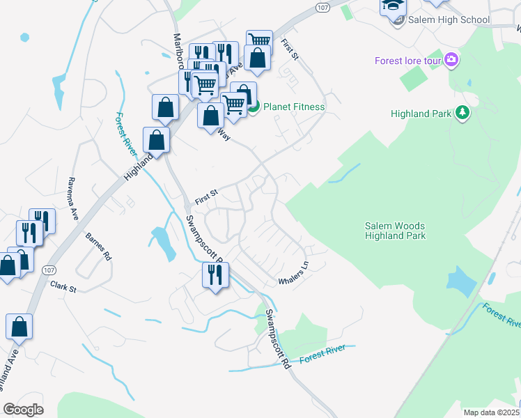 map of restaurants, bars, coffee shops, grocery stores, and more near 35 Aurora Lane in Salem