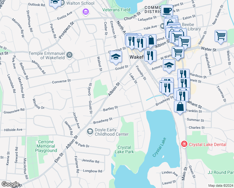 map of restaurants, bars, coffee shops, grocery stores, and more near 272 Albion Street in Wakefield