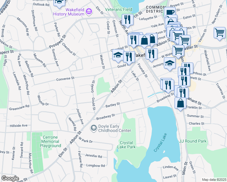 map of restaurants, bars, coffee shops, grocery stores, and more near 272 Albion Street in Wakefield