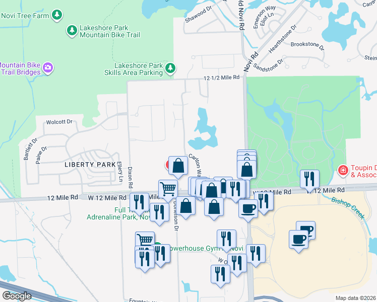 map of restaurants, bars, coffee shops, grocery stores, and more near 28050 Carlton Way Drive in Novi