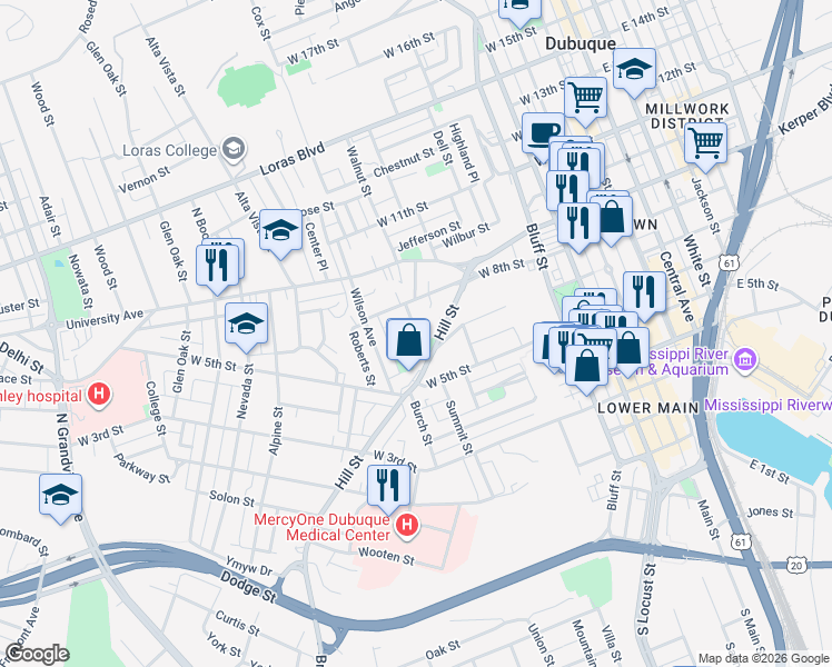 map of restaurants, bars, coffee shops, grocery stores, and more near 685 Hill Street in Dubuque