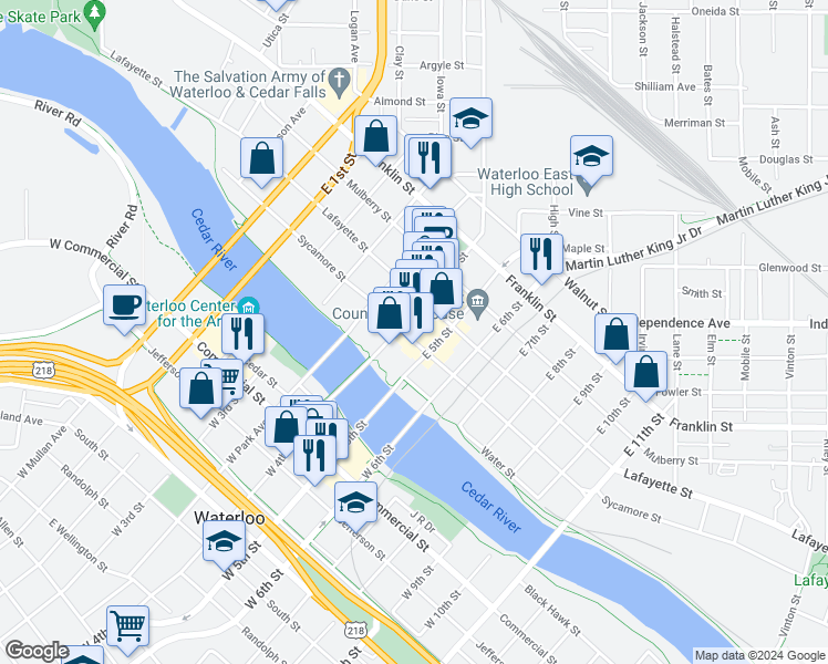 map of restaurants, bars, coffee shops, grocery stores, and more near 607 Sycamore Street in Waterloo