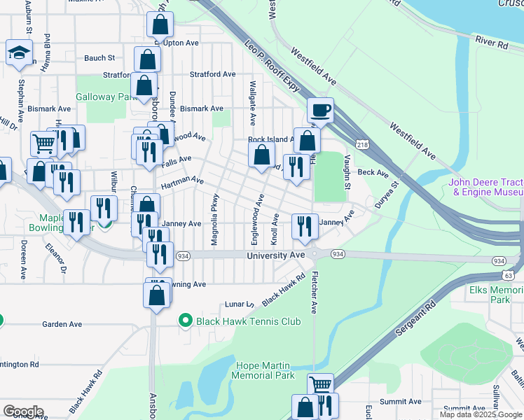 map of restaurants, bars, coffee shops, grocery stores, and more near 1121 Englewood Avenue in Waterloo