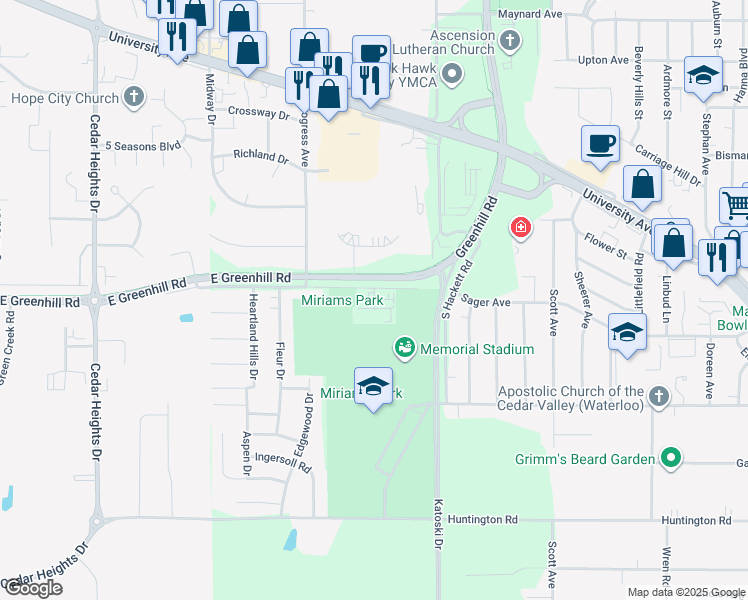 map of restaurants, bars, coffee shops, grocery stores, and more near 1118 Tiffany Place in Waterloo