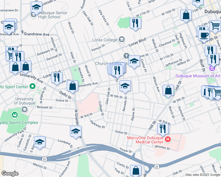 map of restaurants, bars, coffee shops, grocery stores, and more near 694 Glen Oak Street in Dubuque
