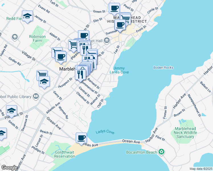 map of restaurants, bars, coffee shops, grocery stores, and more near 4 Redstone Lane in Marblehead