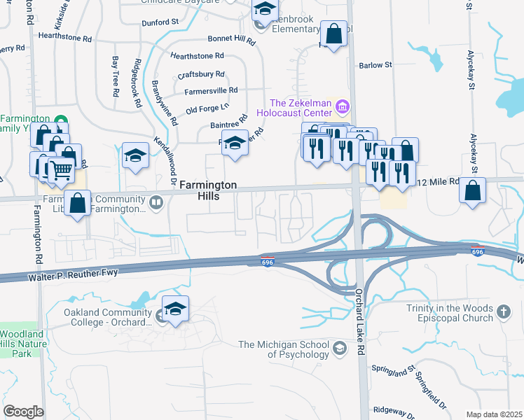 map of restaurants, bars, coffee shops, grocery stores, and more near 31993 West 12 Mile Road in Farmington Hills