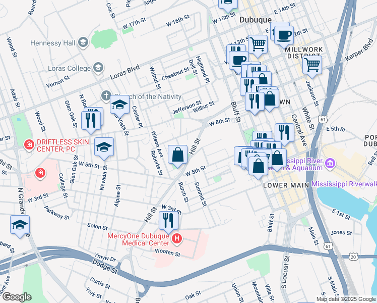 map of restaurants, bars, coffee shops, grocery stores, and more near 685 Hill St in Dubuque