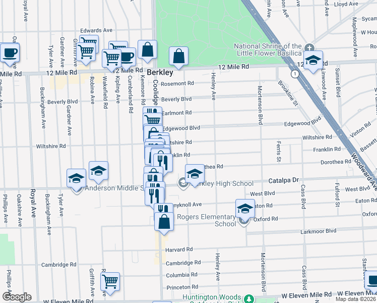 map of restaurants, bars, coffee shops, grocery stores, and more near 2288 Franklin Road in Berkley