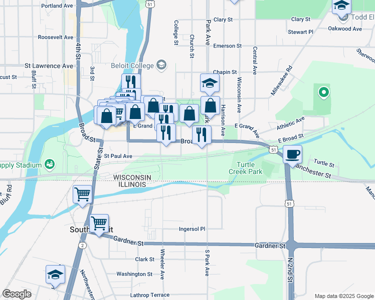 map of restaurants, bars, coffee shops, grocery stores, and more near 828 Broad Street in Beloit