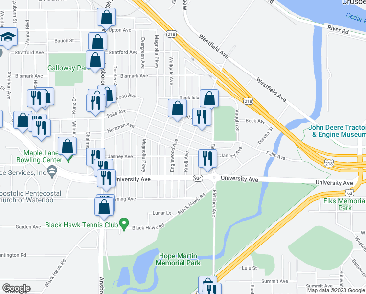 map of restaurants, bars, coffee shops, grocery stores, and more near 211 Hartman Avenue in Waterloo