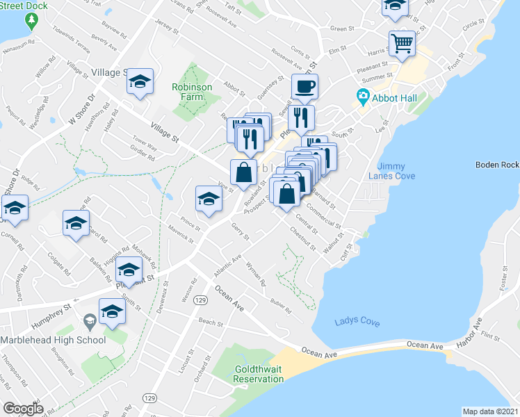map of restaurants, bars, coffee shops, grocery stores, and more near 58 Prospect Street in Marblehead