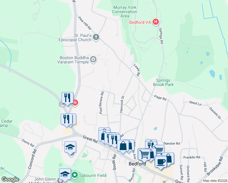 map of restaurants, bars, coffee shops, grocery stores, and more near 2 Middlesex Road in Bedford