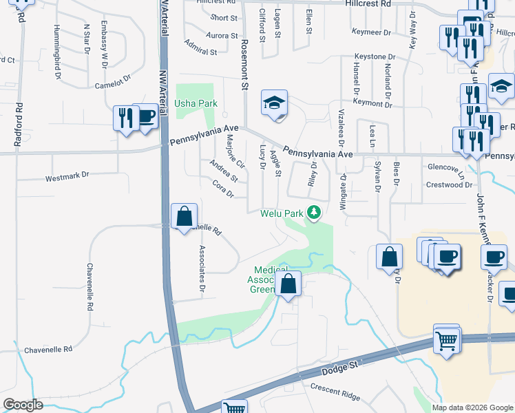map of restaurants, bars, coffee shops, grocery stores, and more near 3775 Welu Drive in Dubuque