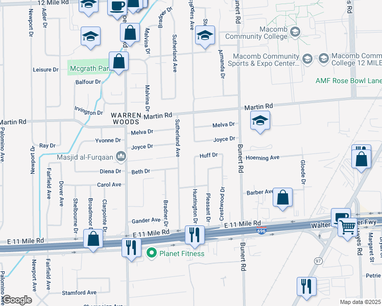 map of restaurants, bars, coffee shops, grocery stores, and more near 27529 Huntington Drive in Warren