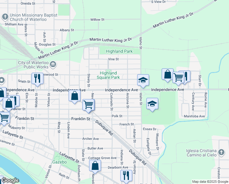 map of restaurants, bars, coffee shops, grocery stores, and more near 1116 Independence Avenue in Waterloo