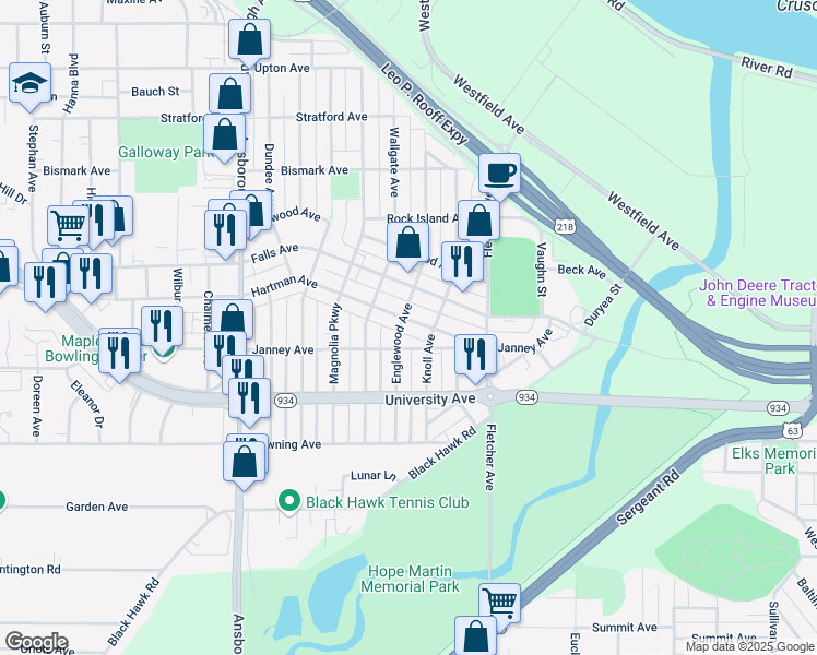 map of restaurants, bars, coffee shops, grocery stores, and more near 1121 Englewood Avenue in Waterloo