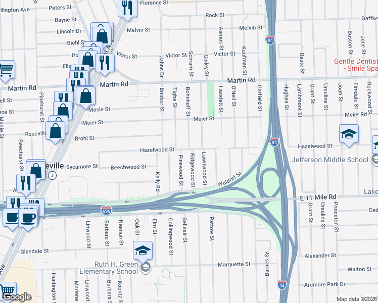 map of restaurants, bars, coffee shops, grocery stores, and more near 27352 Ridgewood Street in Roseville