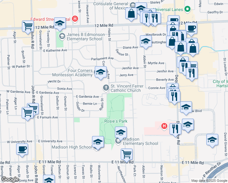 map of restaurants, bars, coffee shops, grocery stores, and more near 1128 Connie Avenue in Madison Heights