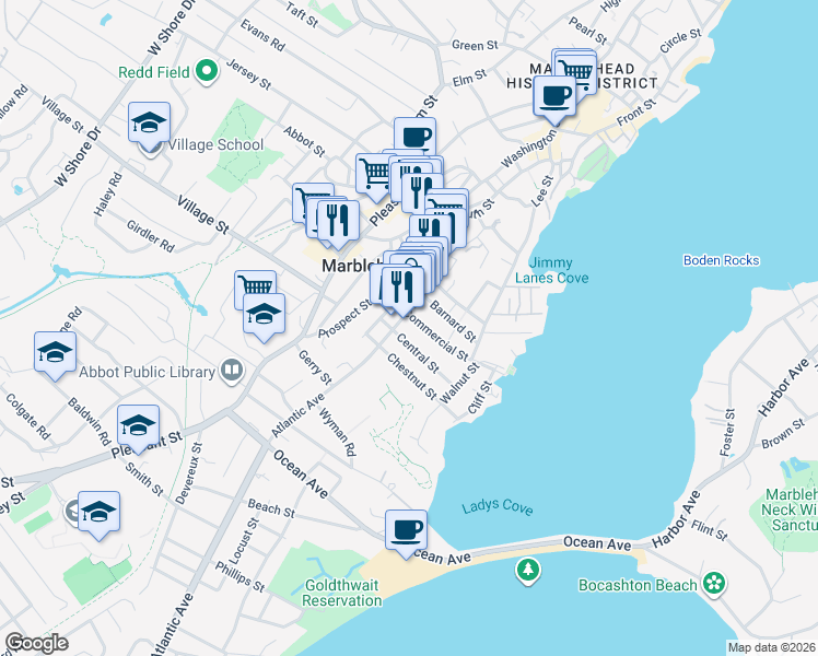 map of restaurants, bars, coffee shops, grocery stores, and more near 19 Commercial Street in Marblehead
