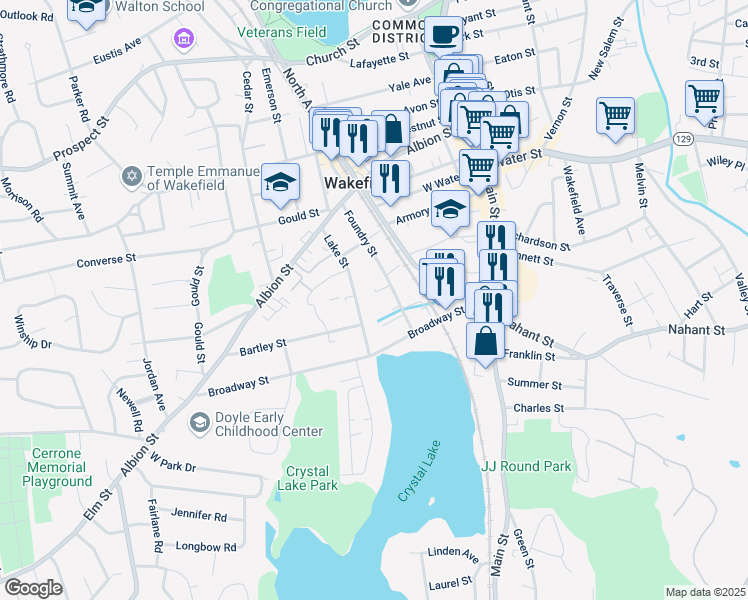 map of restaurants, bars, coffee shops, grocery stores, and more near 101 Foundry Street in Wakefield