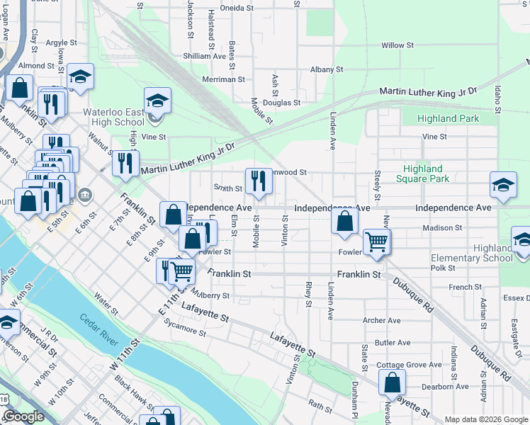 map of restaurants, bars, coffee shops, grocery stores, and more near 512 Independence Avenue in Waterloo