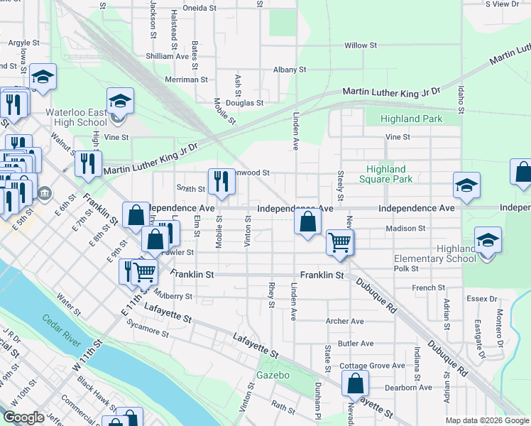 map of restaurants, bars, coffee shops, grocery stores, and more near 624 Independence Ave in Waterloo