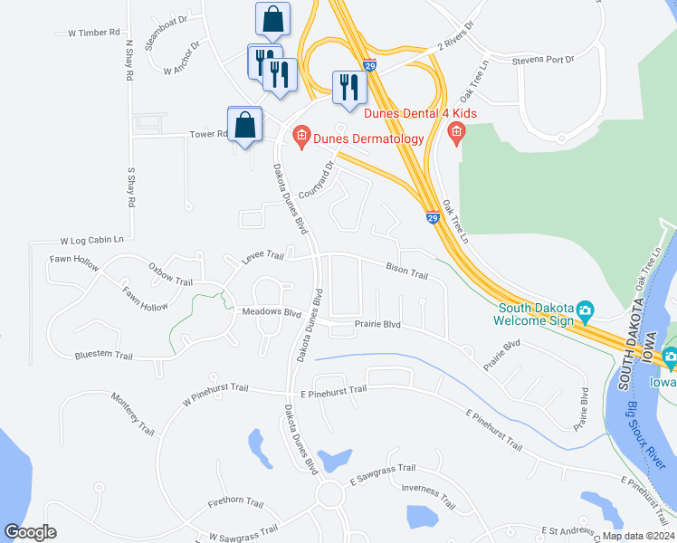 map of restaurants, bars, coffee shops, grocery stores, and more near 310 Dakota Dunes Boulevard in North Sioux City