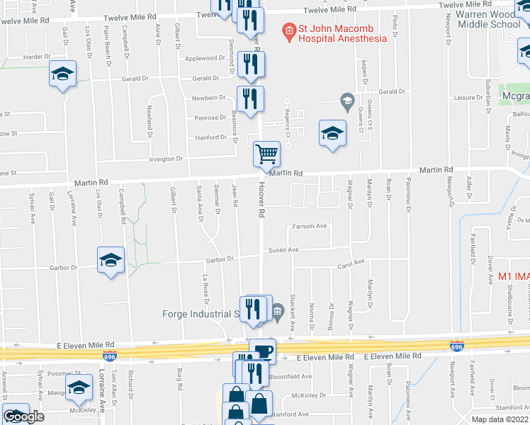 map of restaurants, bars, coffee shops, grocery stores, and more near 27700 Hoover Rd in Warren