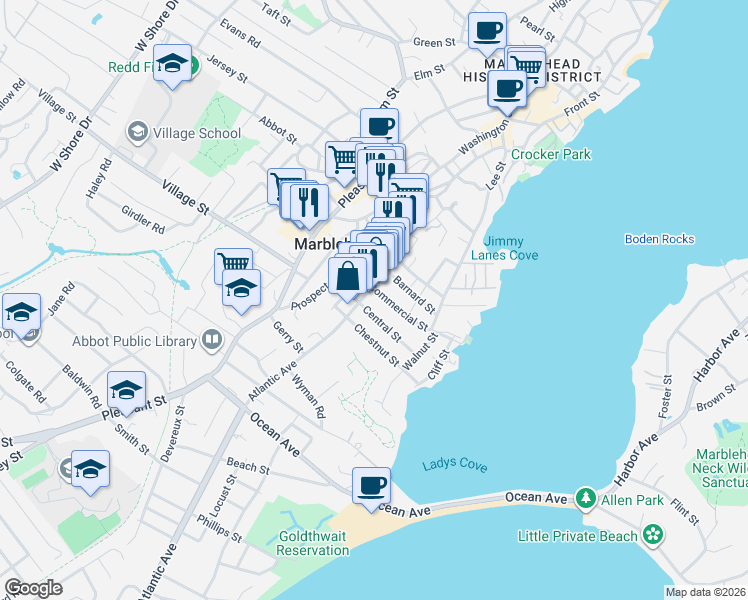 map of restaurants, bars, coffee shops, grocery stores, and more near 31 Commercial Street in Marblehead