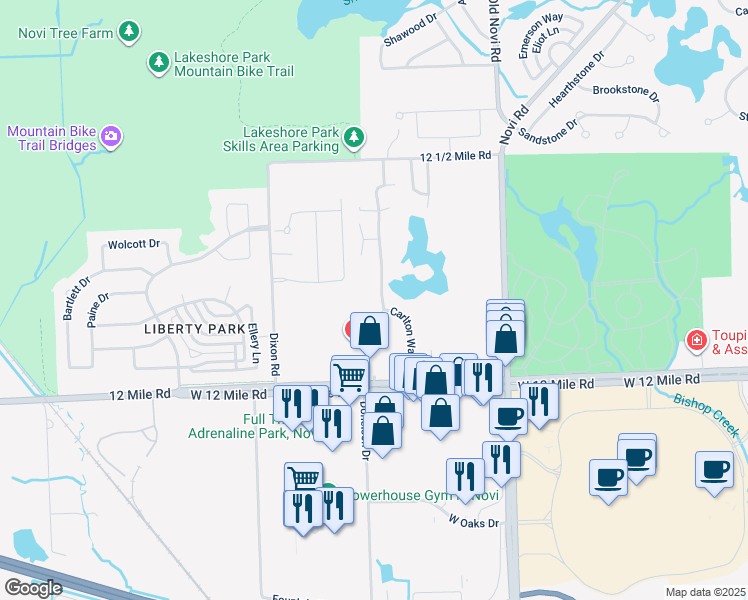 map of restaurants, bars, coffee shops, grocery stores, and more near 28135 Carlton Way Drive in Novi