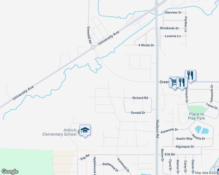 map of restaurants, bars, coffee shops, grocery stores, and more near 2309 Leigh Lane in Cedar Falls