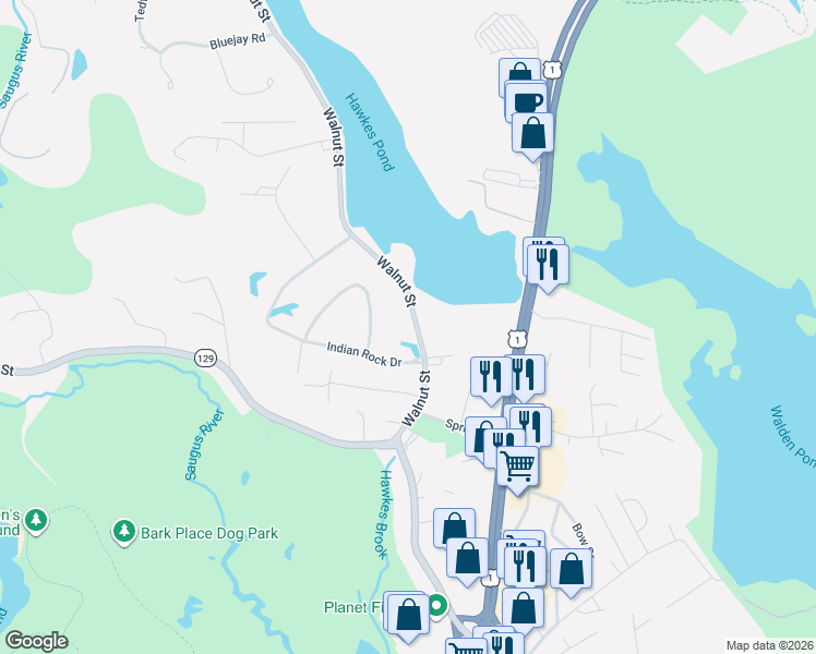 map of restaurants, bars, coffee shops, grocery stores, and more near 53 Walnut Street in Saugus
