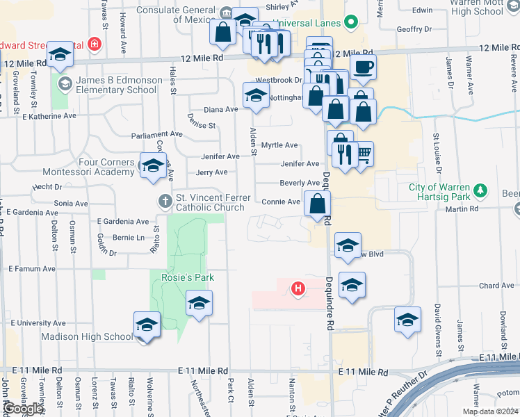 map of restaurants, bars, coffee shops, grocery stores, and more near 1514 Connie Avenue in Madison Heights