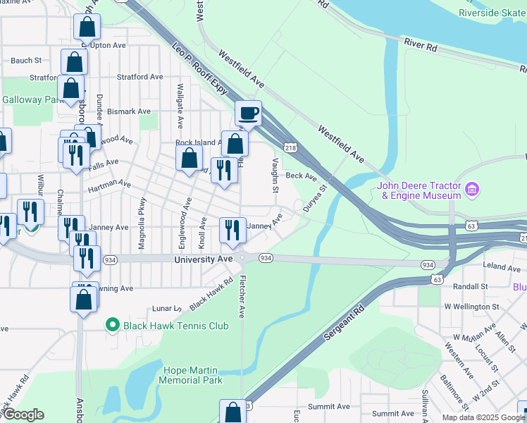 map of restaurants, bars, coffee shops, grocery stores, and more near 1625 Falls Avenue in Waterloo