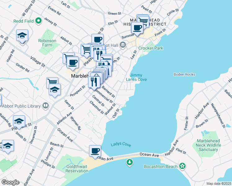 map of restaurants, bars, coffee shops, grocery stores, and more near 39 Barnard Street in Marblehead