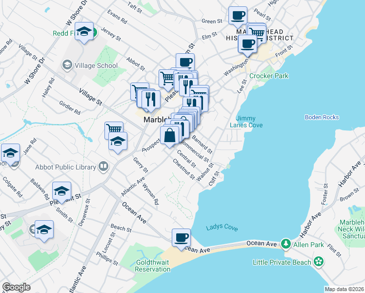 map of restaurants, bars, coffee shops, grocery stores, and more near 31 Commercial Street in Marblehead