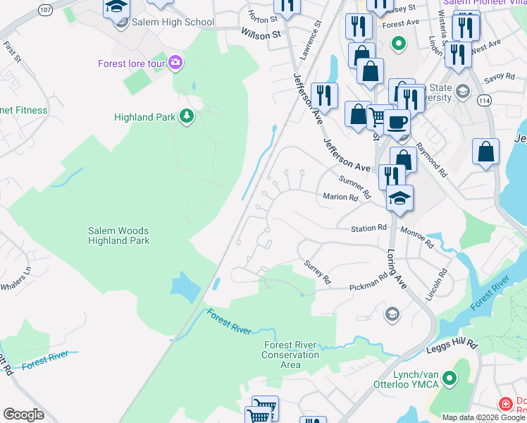 map of restaurants, bars, coffee shops, grocery stores, and more near 13 Griswold Drive in Salem