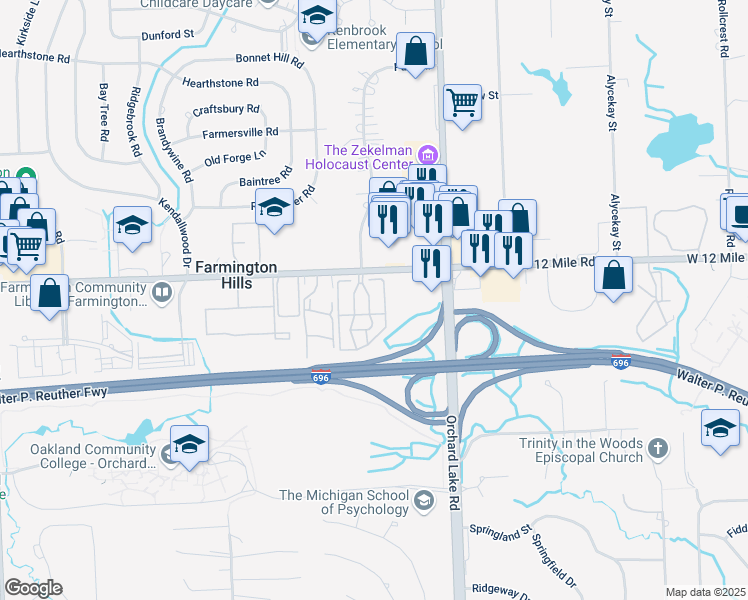 map of restaurants, bars, coffee shops, grocery stores, and more near 27542 Echo Valley West in Farmington Hills