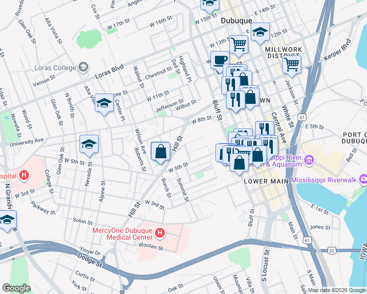 map of restaurants, bars, coffee shops, grocery stores, and more near 652 Needham Place in Dubuque