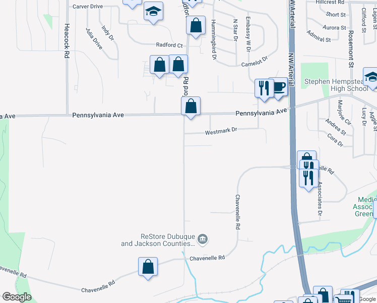 map of restaurants, bars, coffee shops, grocery stores, and more near 555-1401 Radford Road in Dubuque