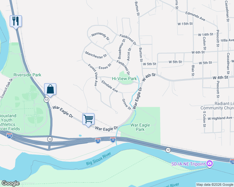 map of restaurants, bars, coffee shops, grocery stores, and more near 101-299 Grove St in Sioux City