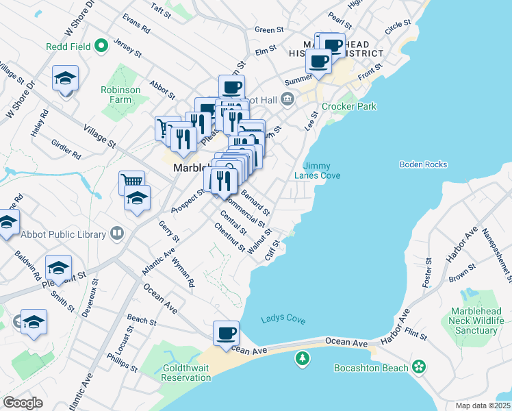 map of restaurants, bars, coffee shops, grocery stores, and more near 1 Red Frank Lane in Marblehead